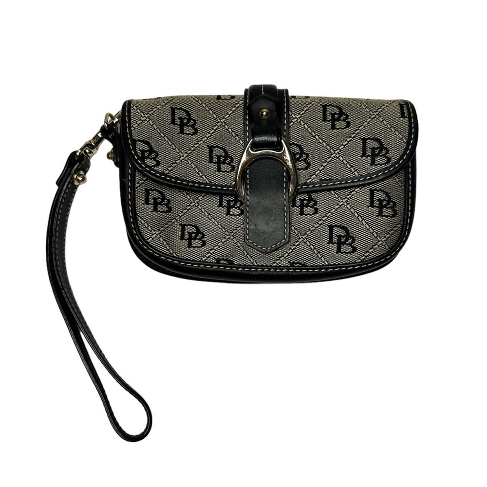 Dooney & Bourke Black Gray Canvas Leather D&B Logo Monogram Wrist Wallet